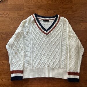 Shein Sweater Women Ivory V Neck Pullover Navy Blue Cricket Tennis Cable Knit S